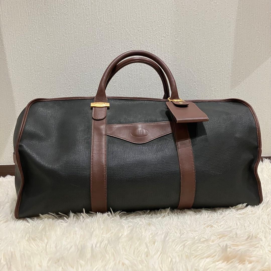 ダンヒル　ボストンバッグ　南京錠　鍵付き　PVC　レザー　ゴールド金具　チェック