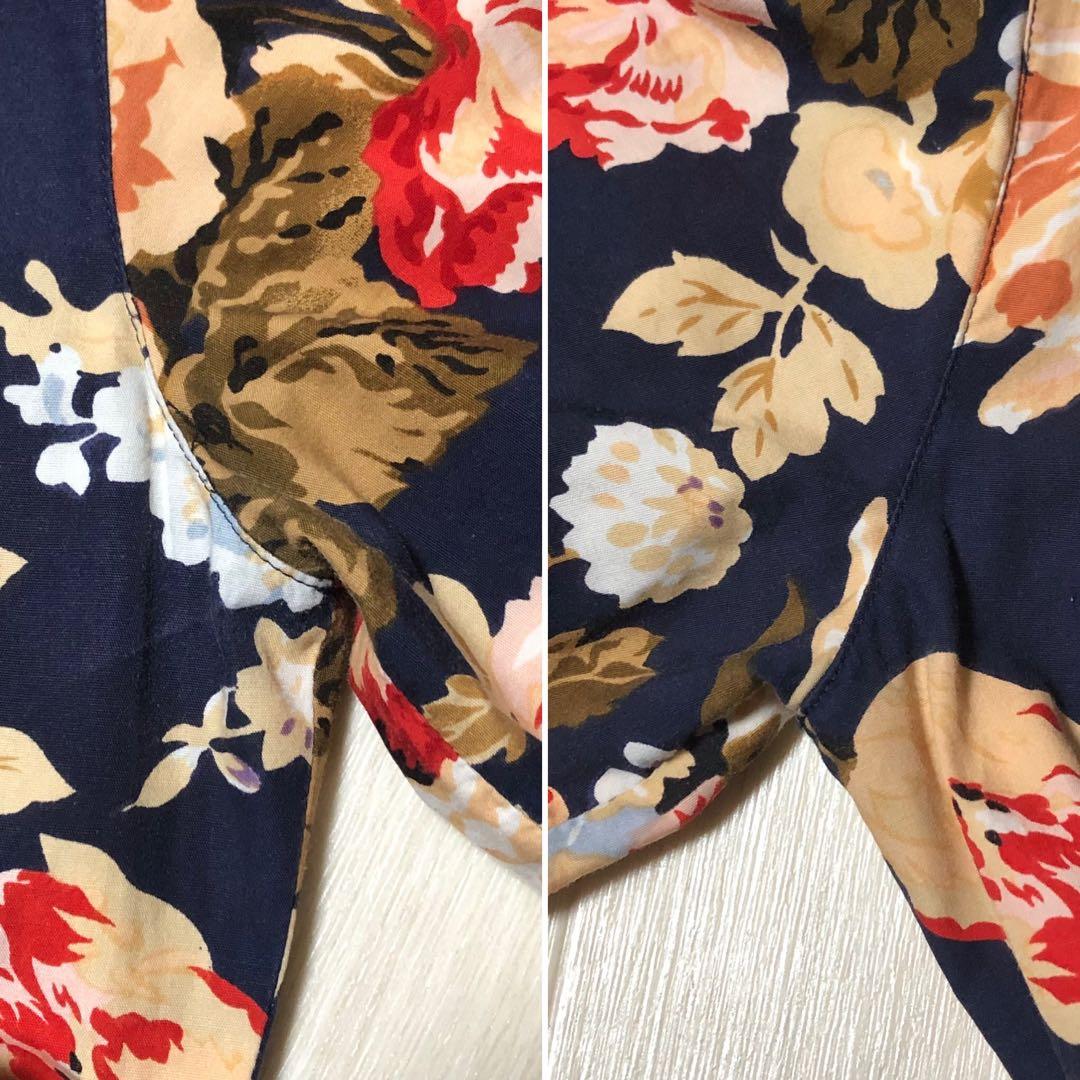 インゲボルグ 花柄 ピンタック 紺色 7分袖 ワンピース