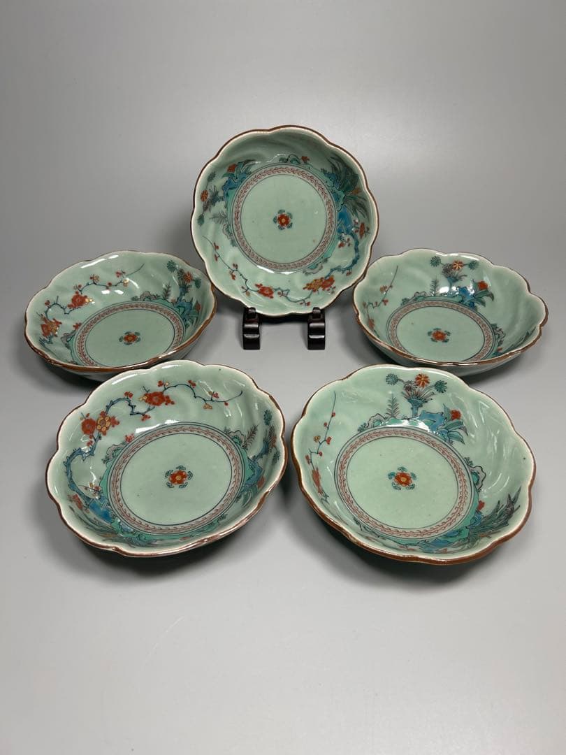 古伊万里　江戸青磁　柿右衛門手　青磁五弁花梅文様膾皿　五点　なます皿　菊　岩赤絵