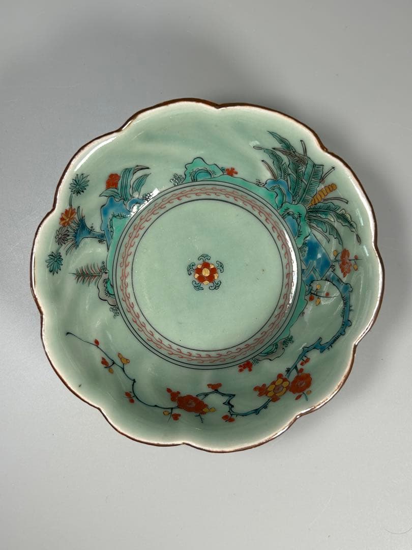 古伊万里　江戸青磁　柿右衛門手　青磁五弁花梅文様膾皿　五点　なます皿　菊　岩赤絵