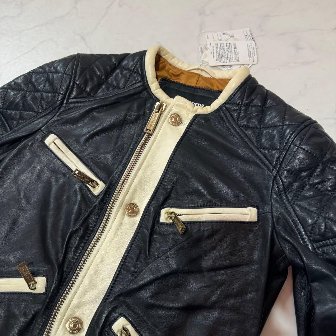 未使用タグ付 DSQUARED2 ラムレザー ライダース シングル バイカラー