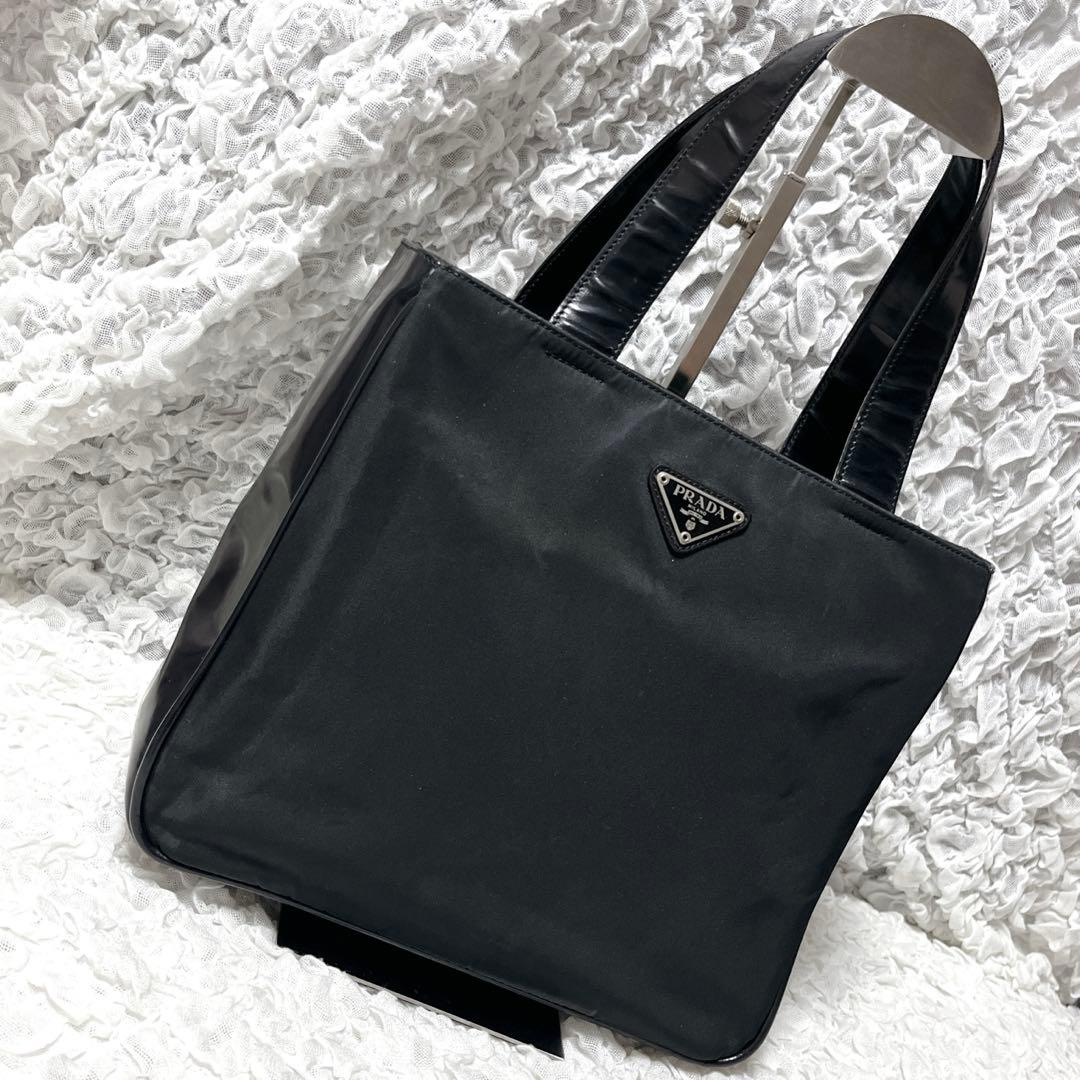 PRADA ブラック トートバッグ　ナイロン　レザー　三角　ハンドバッグ