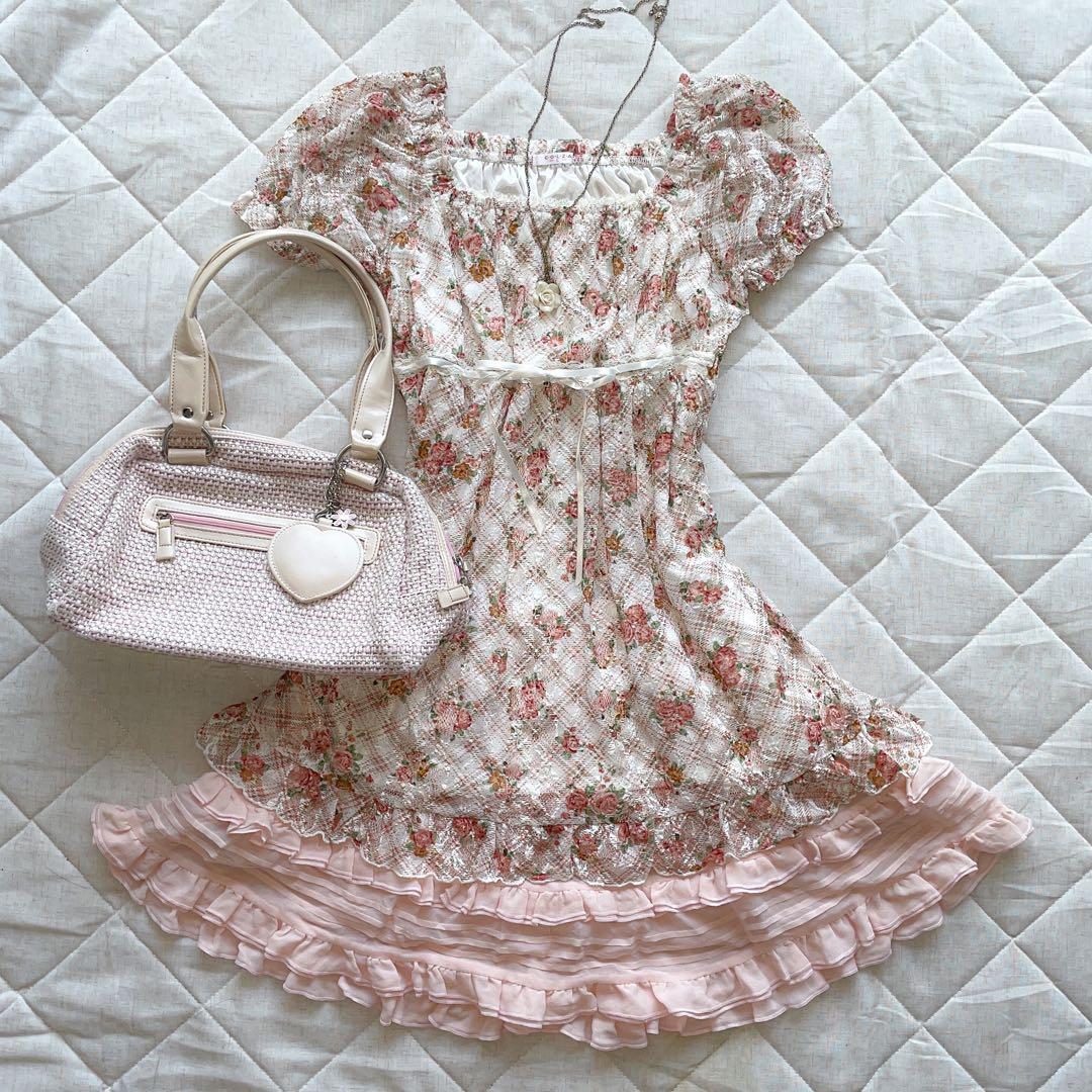 00s LIZLISA 風 チェック柄×ローズ柄 総レースパフフリルチュニック