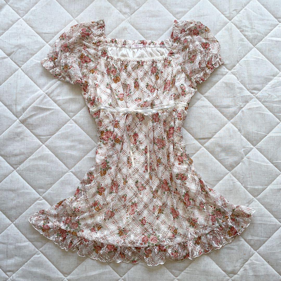 00s LIZLISA 風 チェック柄×ローズ柄 総レースパフフリルチュニック