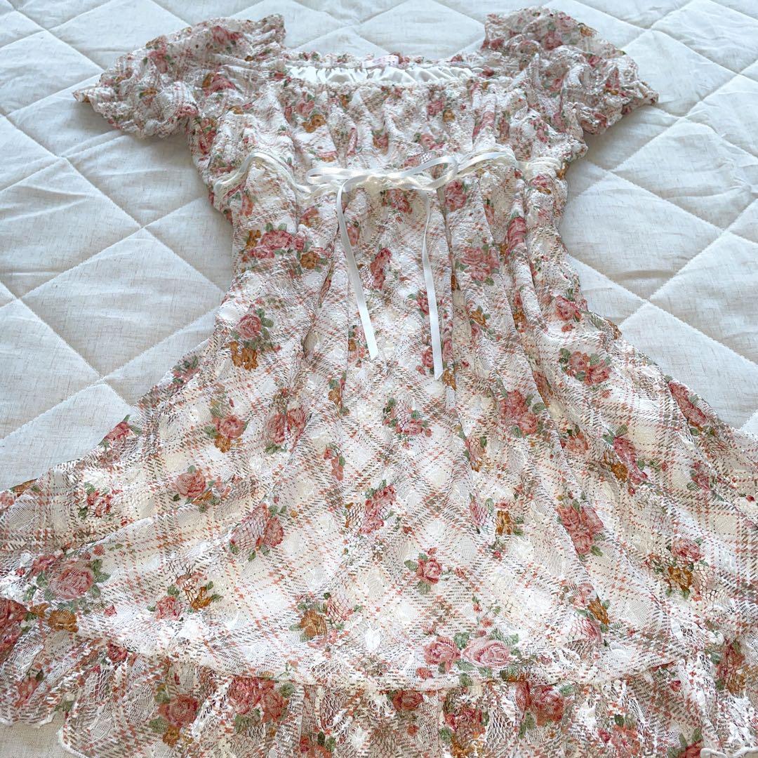 00s LIZLISA 風 チェック柄×ローズ柄 総レースパフフリルチュニック