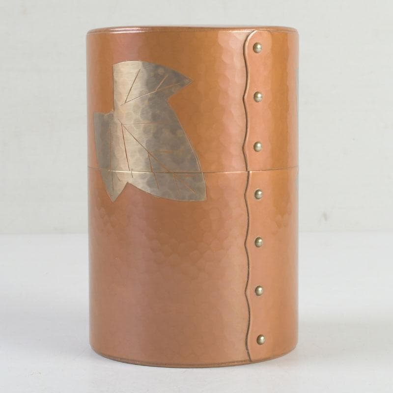 煎茶道具　鎚起銅器　玉川堂造　鋲打　葉文　茶筒　共箱　C　9428