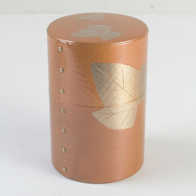 煎茶道具　鎚起銅器　玉川堂造　鋲打　葉文　茶筒　共箱　C　9428