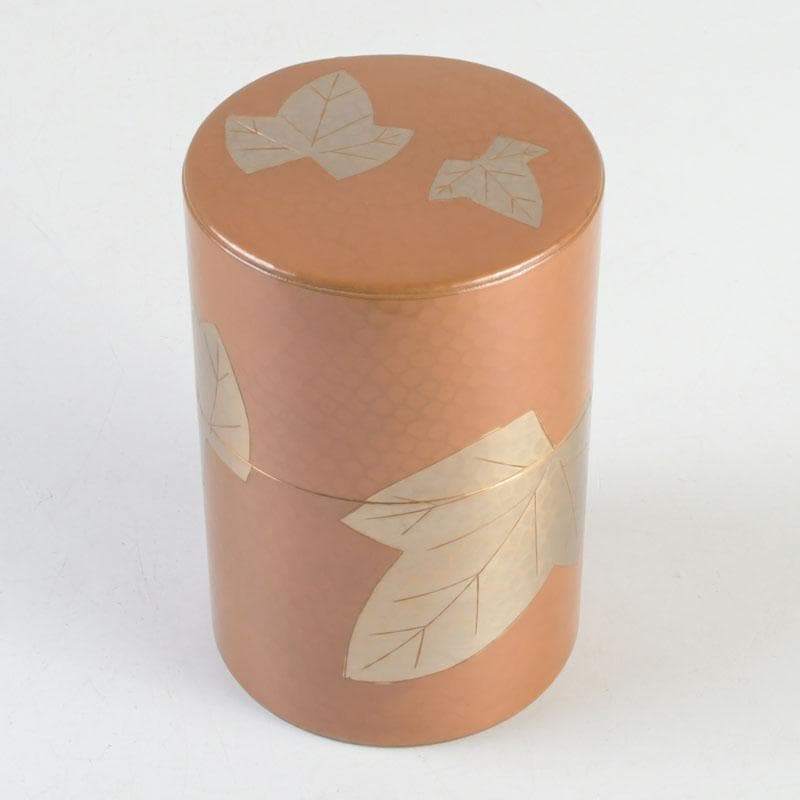 煎茶道具　鎚起銅器　玉川堂造　鋲打　葉文　茶筒　共箱　C　9428