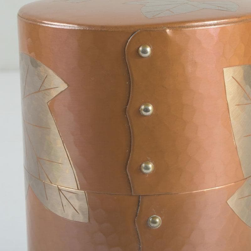 煎茶道具　鎚起銅器　玉川堂造　鋲打　葉文　茶筒　共箱　C　9428