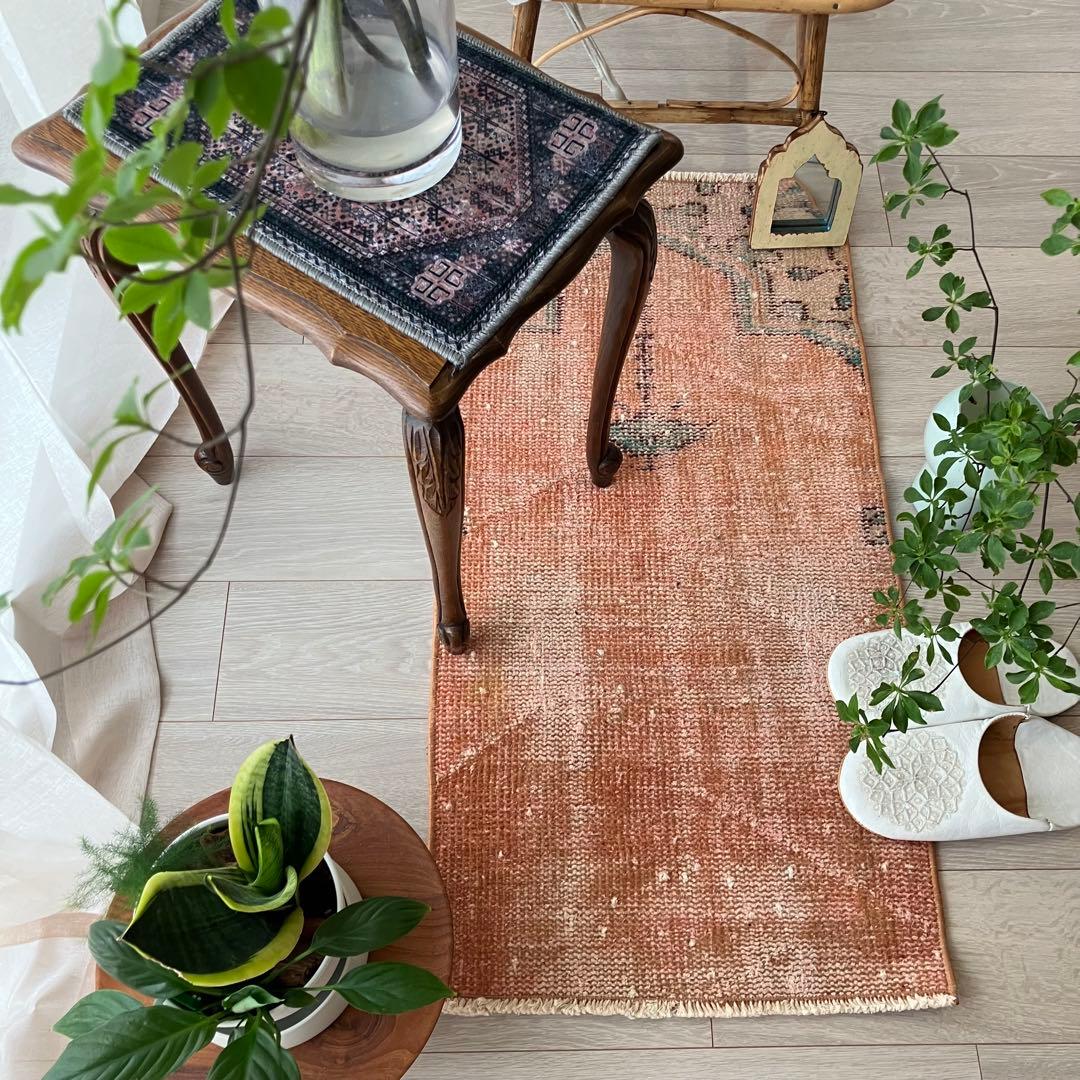 オレンジ✳︎95×46 グリーン　アート　シャンデリア　トルコヴィンテージラグ