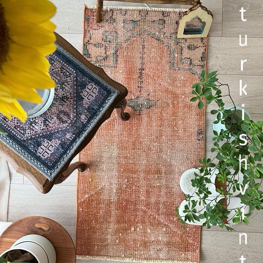 オレンジ✳︎95×46 グリーン　アート　シャンデリア　トルコヴィンテージラグ