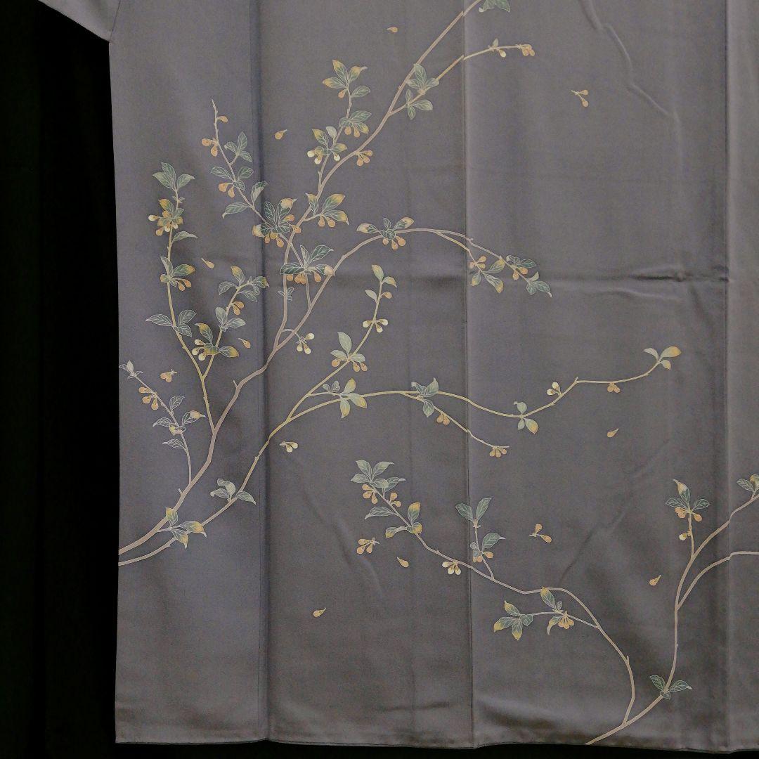 訪問着(袷)　(本加賀友禅　早春枝花(つぼみ)紋様　石田昭二 落款　紫鼠色系)