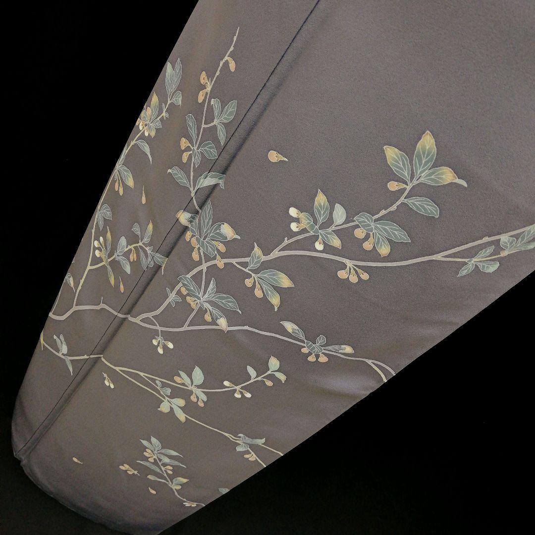 訪問着(袷)　(本加賀友禅　早春枝花(つぼみ)紋様　石田昭二 落款　紫鼠色系)