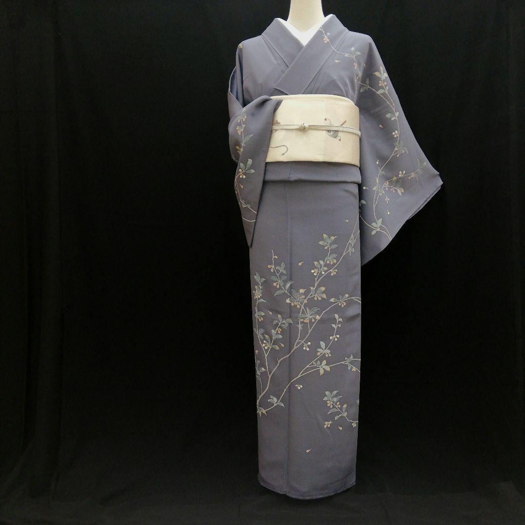 訪問着(袷)　(本加賀友禅　早春枝花(つぼみ)紋様　石田昭二 落款　紫鼠色系)