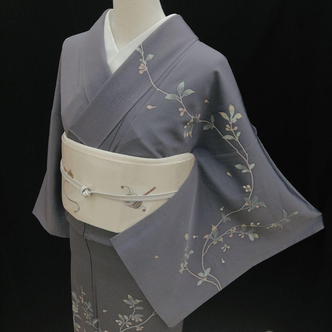 訪問着(袷)　(本加賀友禅　早春枝花(つぼみ)紋様　石田昭二 落款　紫鼠色系)