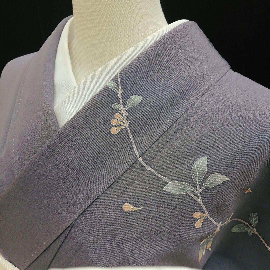 訪問着(袷)　(本加賀友禅　早春枝花(つぼみ)紋様　石田昭二 落款　紫鼠色系)