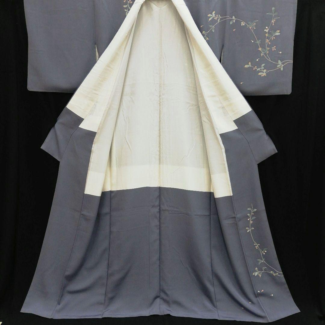 訪問着(袷)　(本加賀友禅　早春枝花(つぼみ)紋様　石田昭二 落款　紫鼠色系)