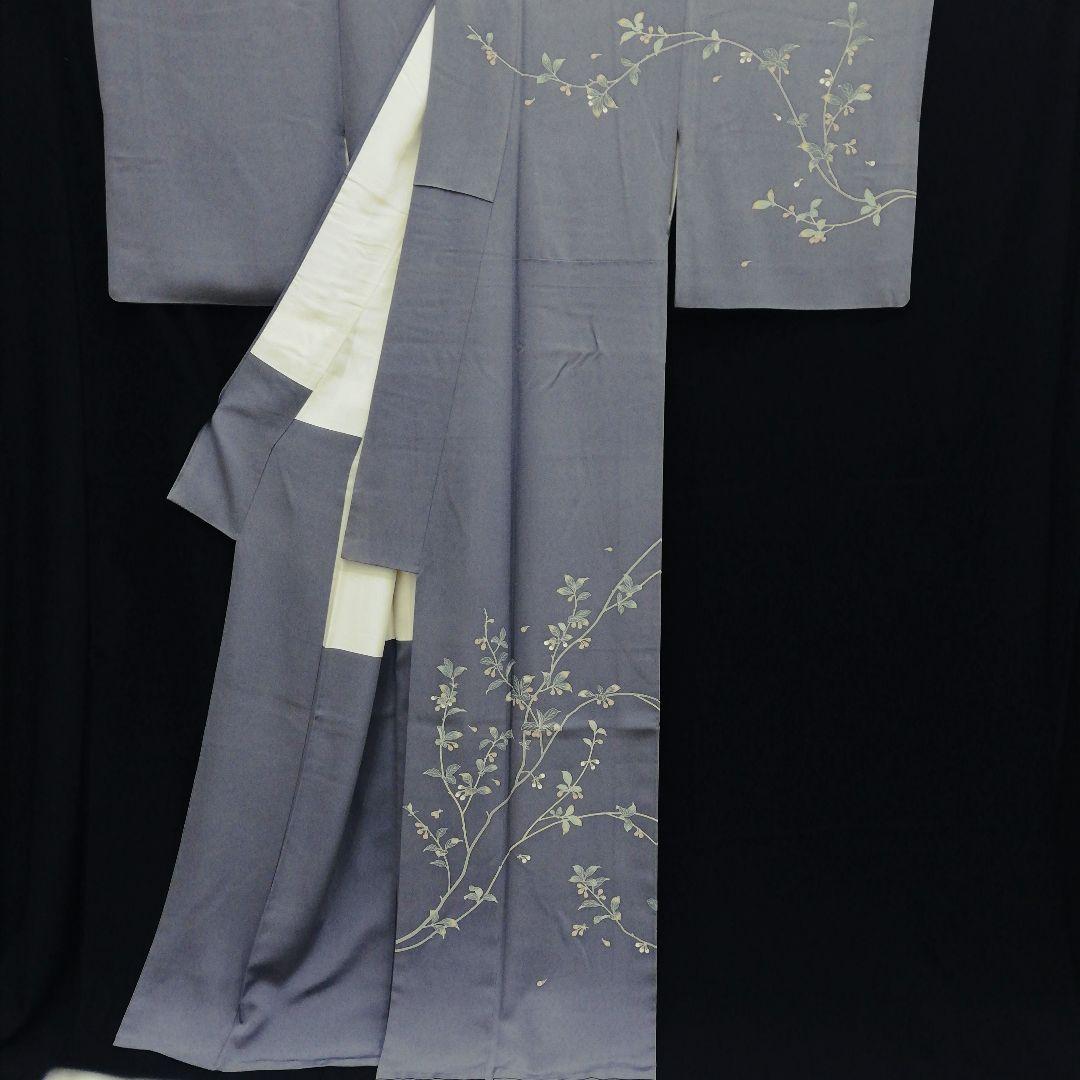 訪問着(袷)　(本加賀友禅　早春枝花(つぼみ)紋様　石田昭二 落款　紫鼠色系)