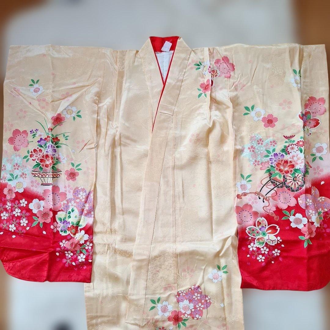 七五三　七歳用正絹着物と作り帯、小物セット中古品