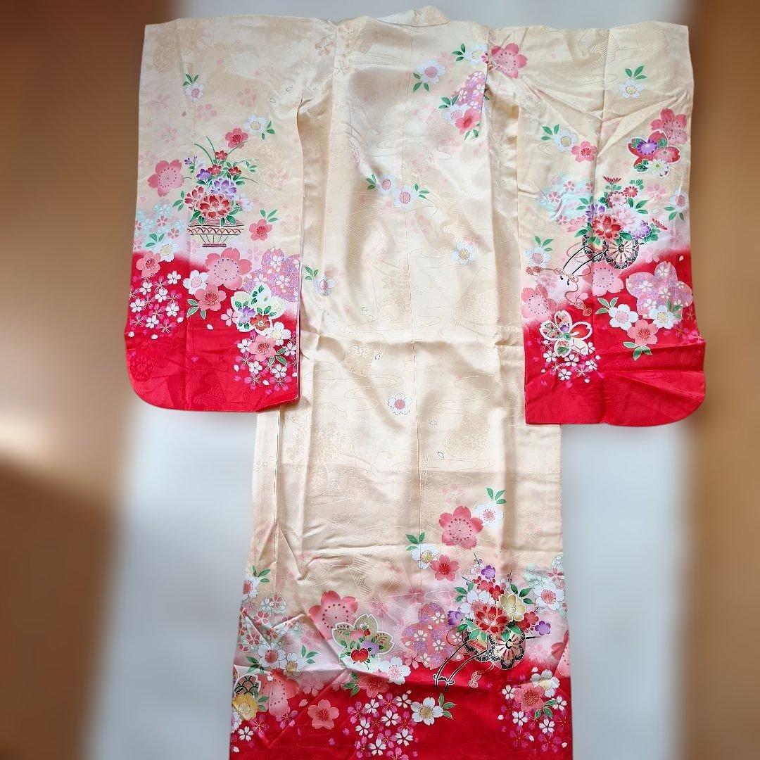 七五三　七歳用正絹着物と作り帯、小物セット中古品