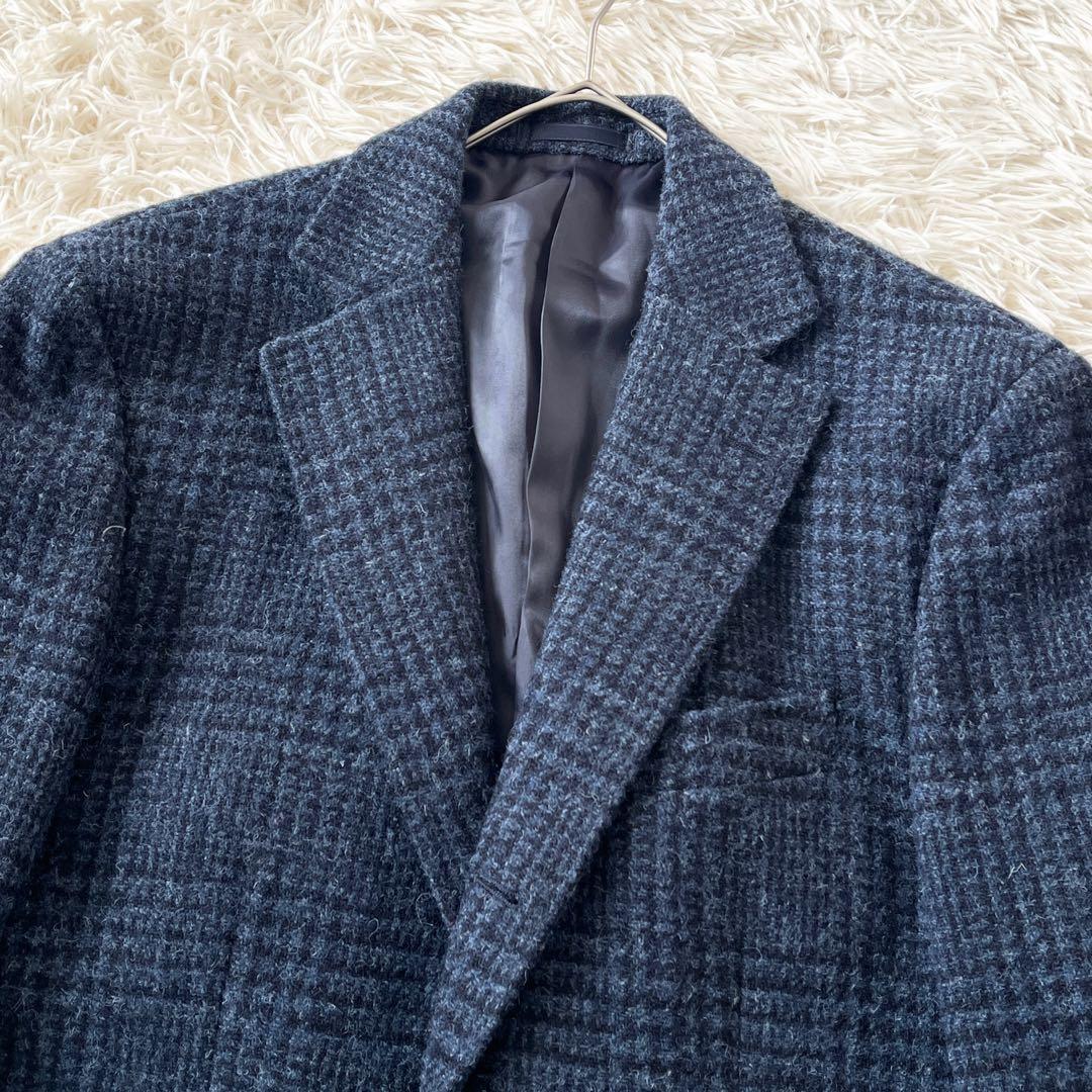 ハリスツイード テイジン テーラードジャケット M相当 グレンチェック ネイビー