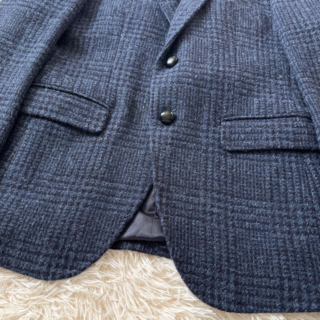 ハリスツイード テイジン テーラードジャケット M相当 グレンチェック ネイビー