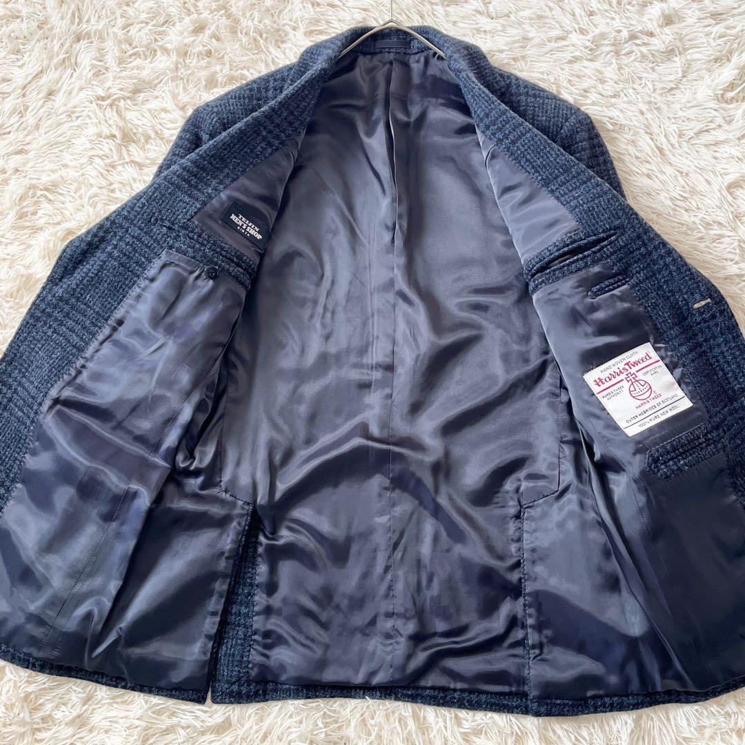 ハリスツイード テイジン テーラードジャケット M相当 グレンチェック ネイビー