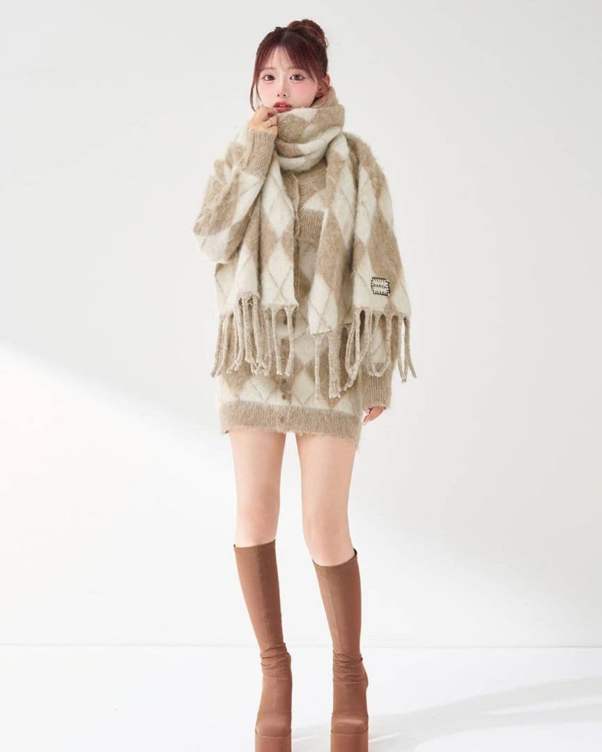 Darich アーガイルニットアンサンブル ベージュ マフラー付き♡