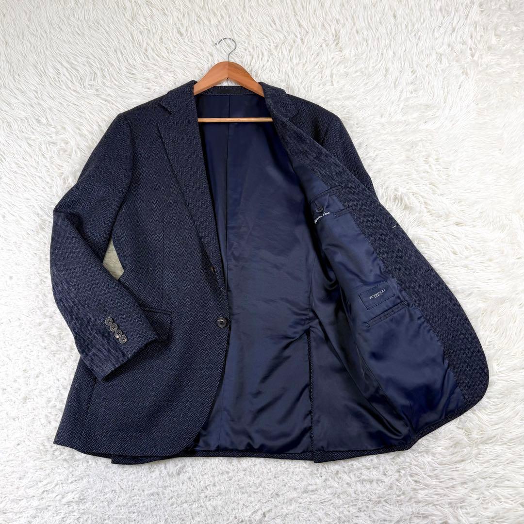 バーバリーロンドン テーラードジャケット カシミヤ混 ヘリンボーン 2B 紺色