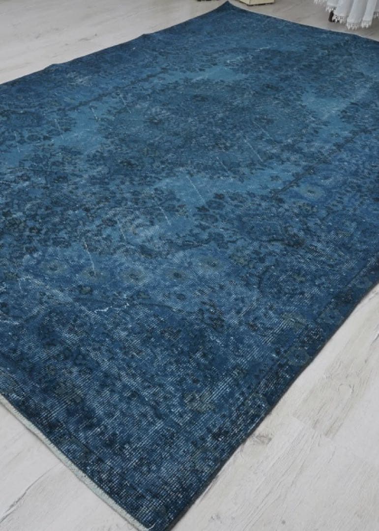 超大判くすみブルー　ヴィンテージラグ　トルコラグ　オーバーダイ