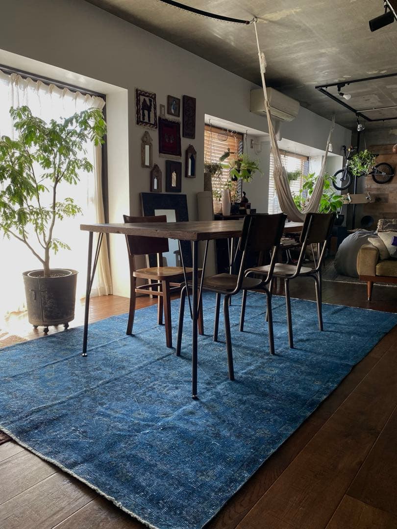 超大判くすみブルー　ヴィンテージラグ　トルコラグ　オーバーダイ