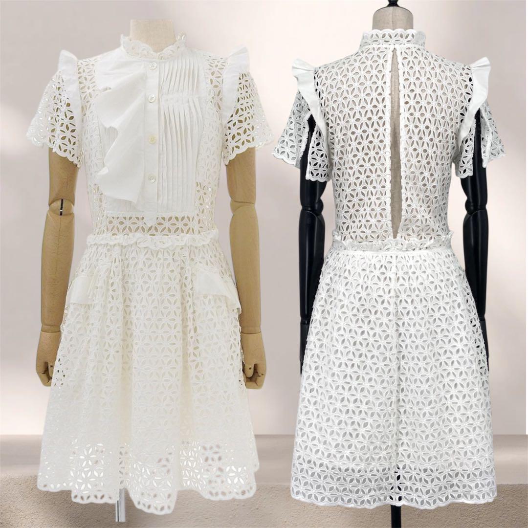 Self Portrait レースデザイン ミニワンピース 半袖 ホワイト