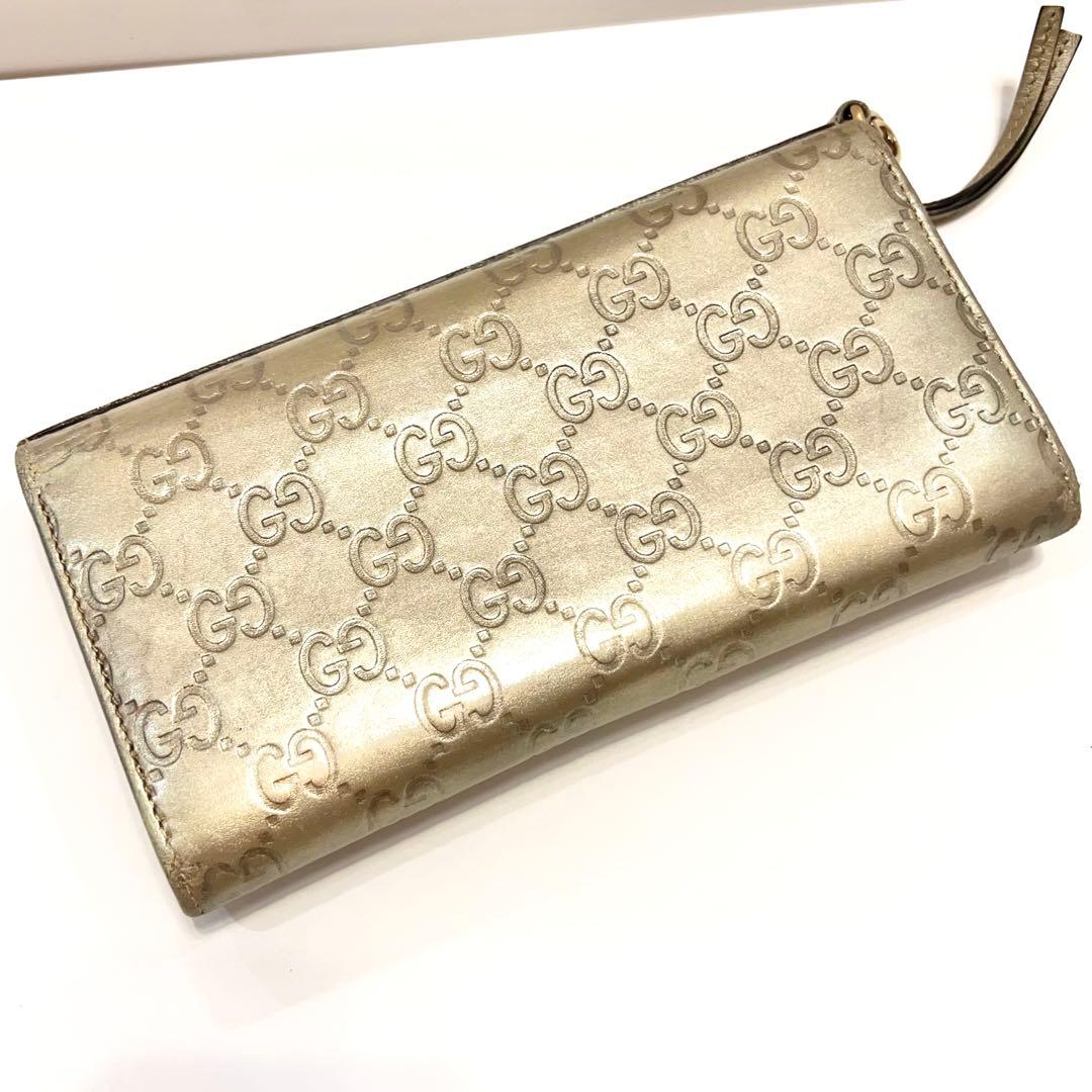 グッチ 長財布 シマ マイクロGG インターロッキング レザー 大容量 ゴールド