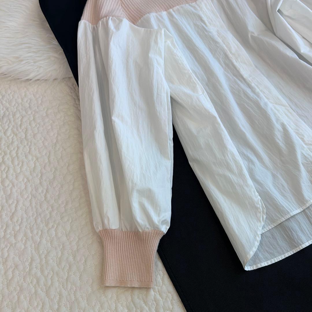 ビアズリー♡リブニットコンビシャツ　異素材　ベージュ×ホワイト　完売色