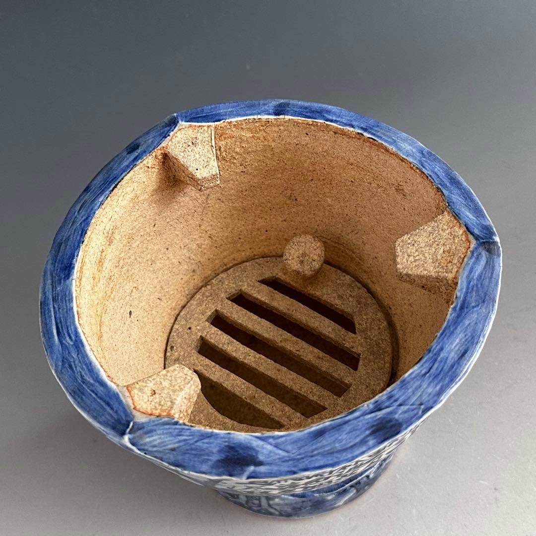 煎茶道具　呉須魯群東石門送社二甫太白春日億李白　三峰涼炉　瓷創庵　手塚善理　共箱