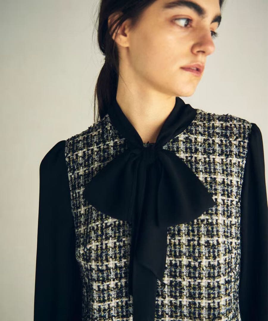 ツイードリボン付きノースリーブワンピース