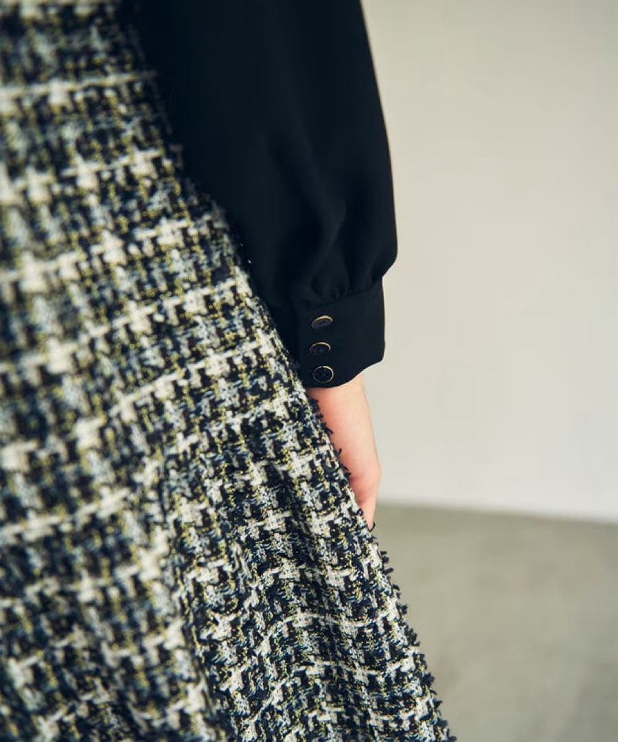 ツイードリボン付きノースリーブワンピース