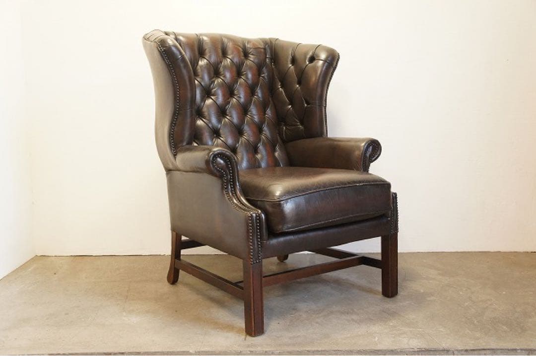 アンティークソファ　本革 ハイバックチェア チェスターフィールド ウィング