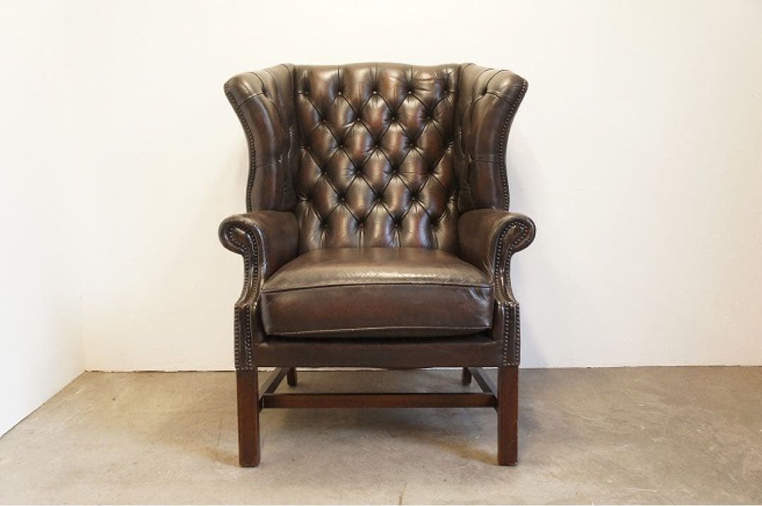 アンティークソファ　本革 ハイバックチェア チェスターフィールド ウィング