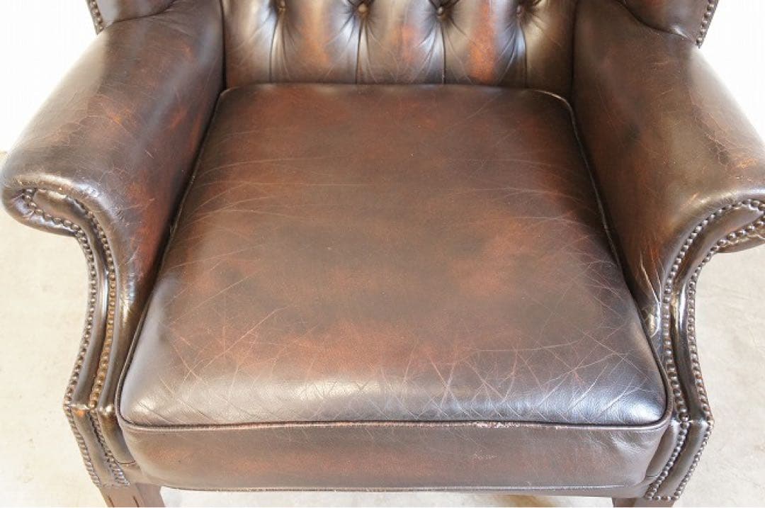 アンティークソファ　本革 ハイバックチェア チェスターフィールド ウィング