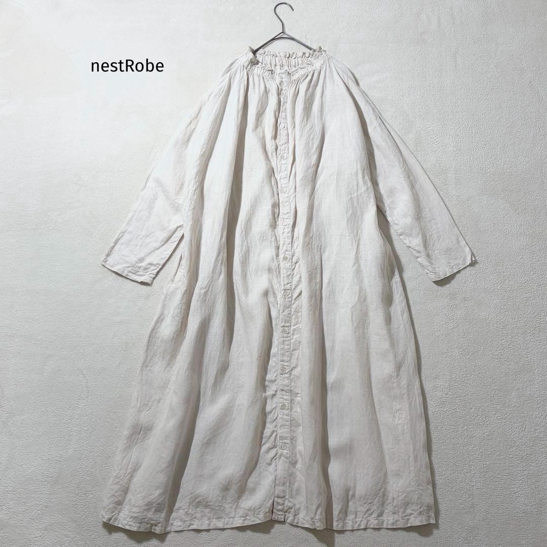 ネストローブ　リネンシャーリングネックワンピース　フリル　2way ロング　麻