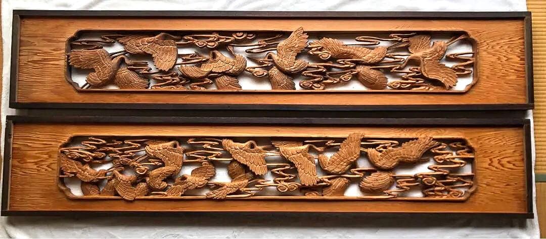 【井波彫　特殊彫り 欄間】千羽鶴 木彫り 彫刻