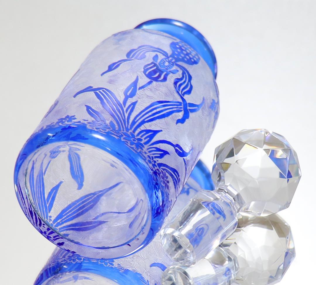 ヴァル・サン・ランベール コバルトブルー被せアシッドエッチング 植物文様香水瓶