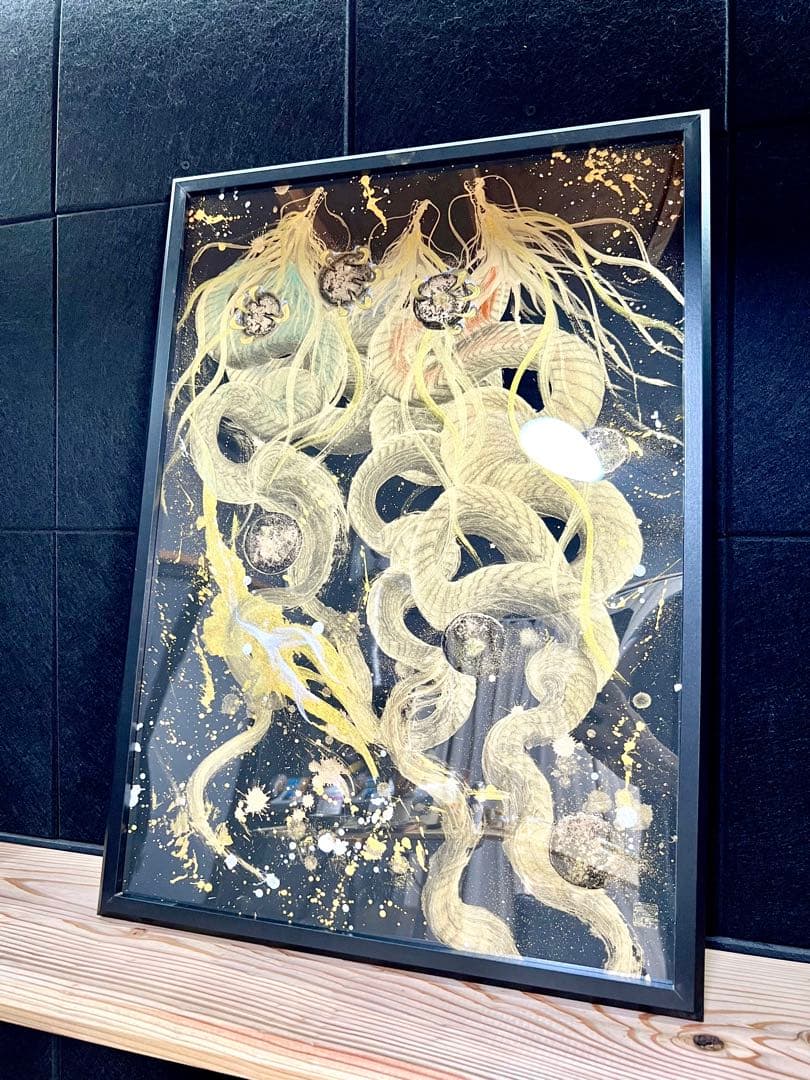 A2サイズ特大　【三柱龍神】　開運　置物　龍　絵画　一筆龍　隕石