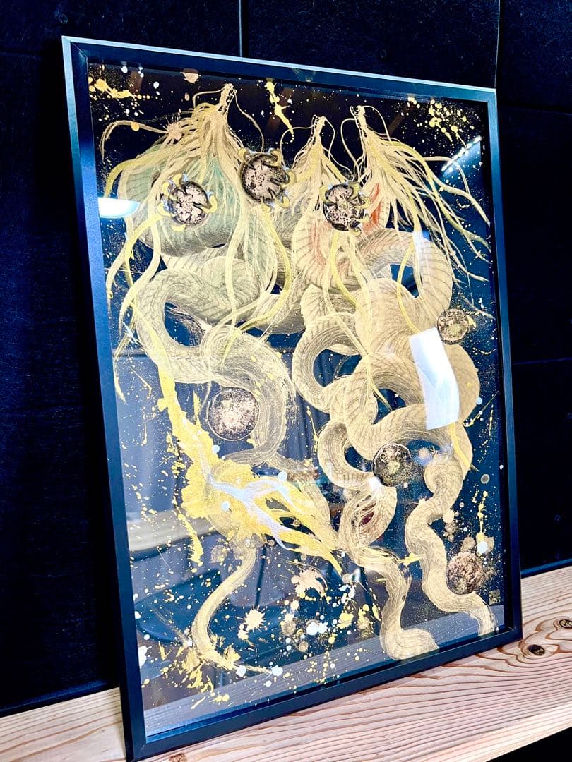 A2サイズ特大　【三柱龍神】　開運　置物　龍　絵画　一筆龍　隕石