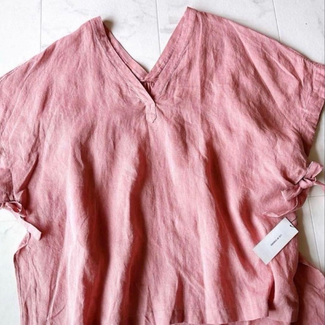タグ付き未使用*23区 リネン ブルーオーバーシャツ ウエストリボン ピンク