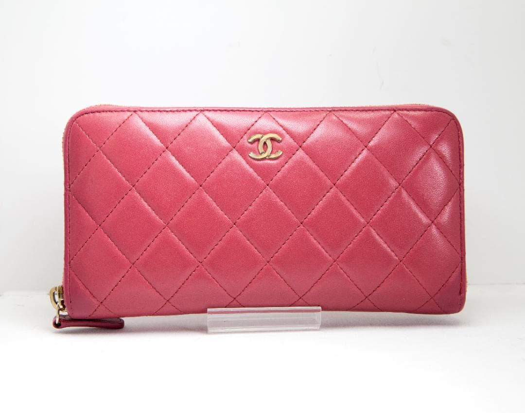シャネル 長財布 マトラッセ ラウンドファスナー ピンク レッド ラムスキン
