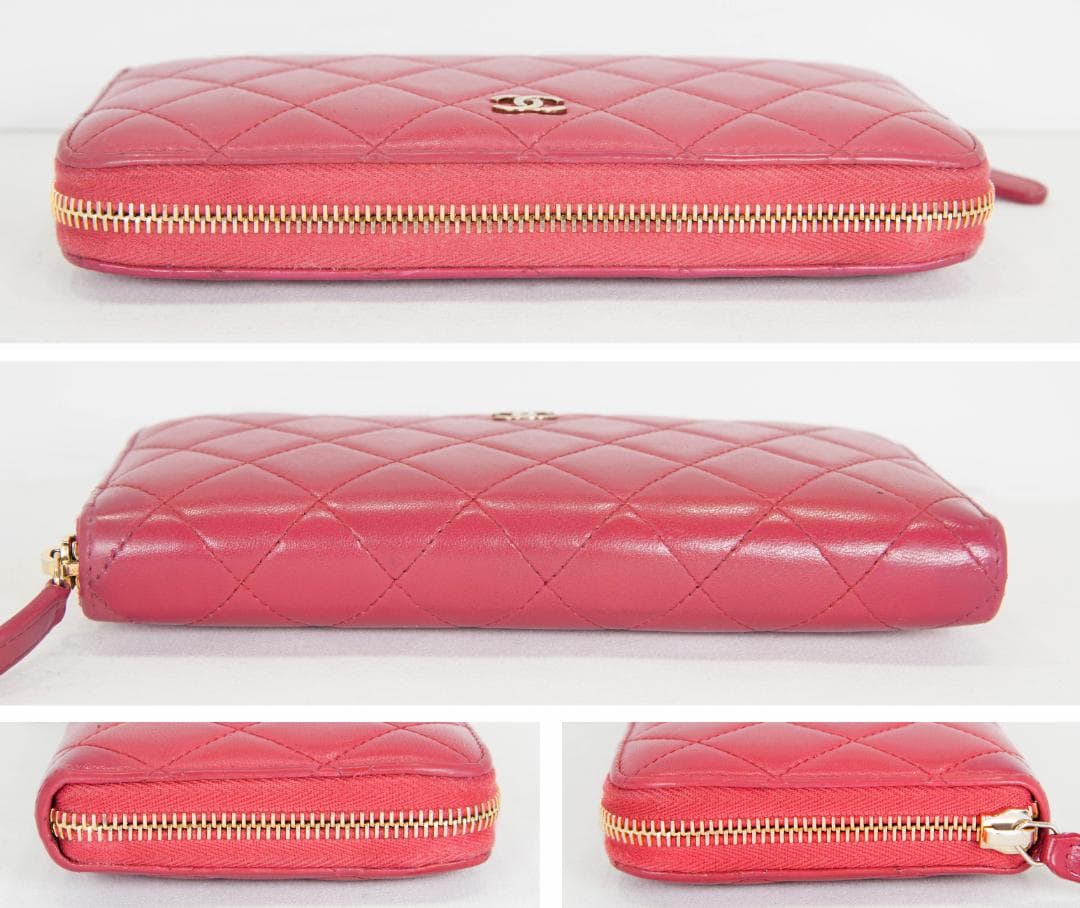 シャネル 長財布 マトラッセ ラウンドファスナー ピンク レッド ラムスキン