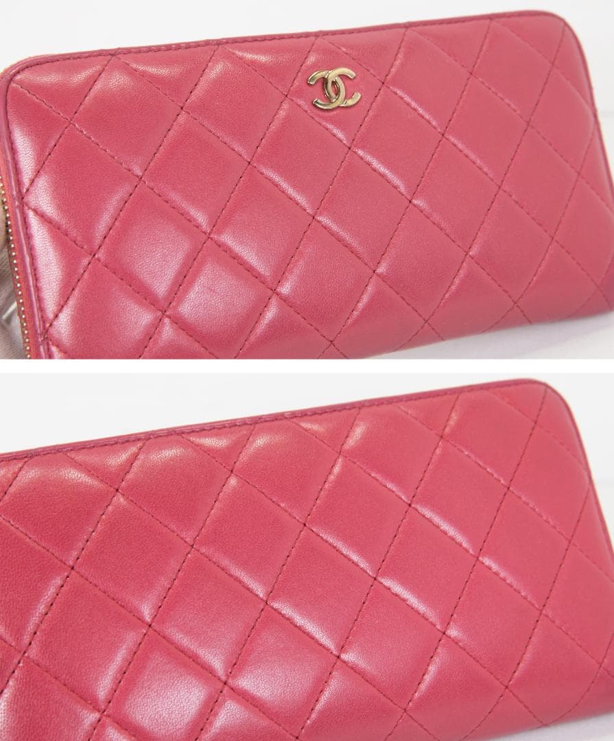 シャネル 長財布 マトラッセ ラウンドファスナー ピンク レッド ラムスキン