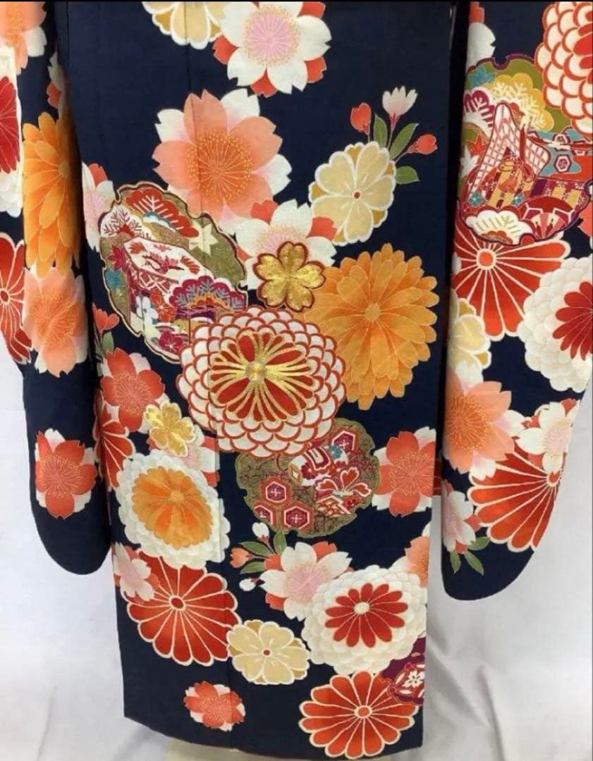 振袖　身丈170.5　裄70.5　高身長　成人式　卒業式　袴　濃紺　オレンジ　赤